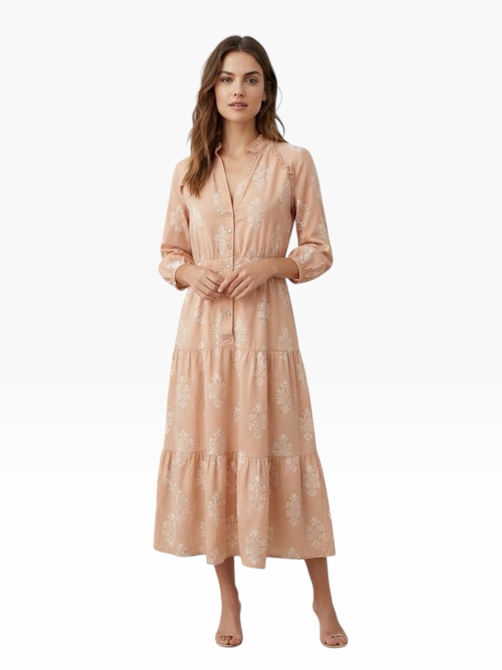 WVN Organic Cotton Blush Pink Floral Block Print Ruffle Tiered Midi Dress Small